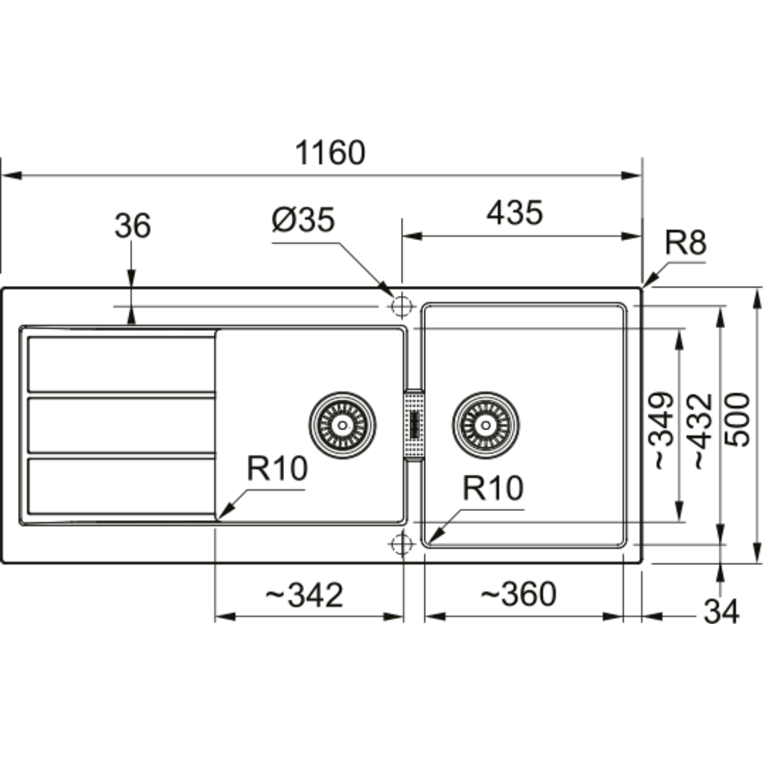 Sirius - Inbouwspoeltafel / 1190 x 510 mm / 2 bakken / Zwart / Omkeerbaar