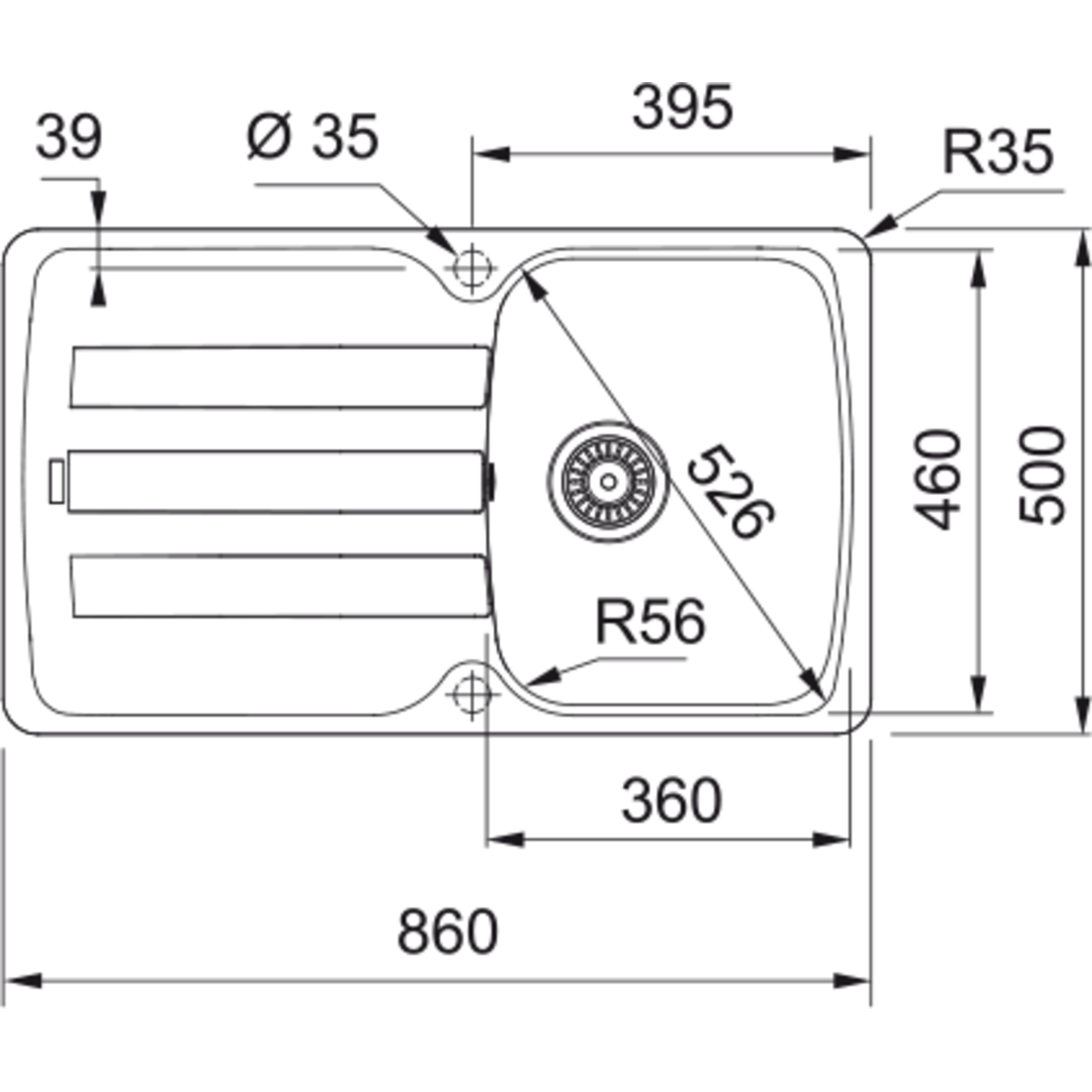Antea - Inbouwspoeltafel / 860 x 500 mm / 1 bak / Zwart Mat / Omkeerbaar