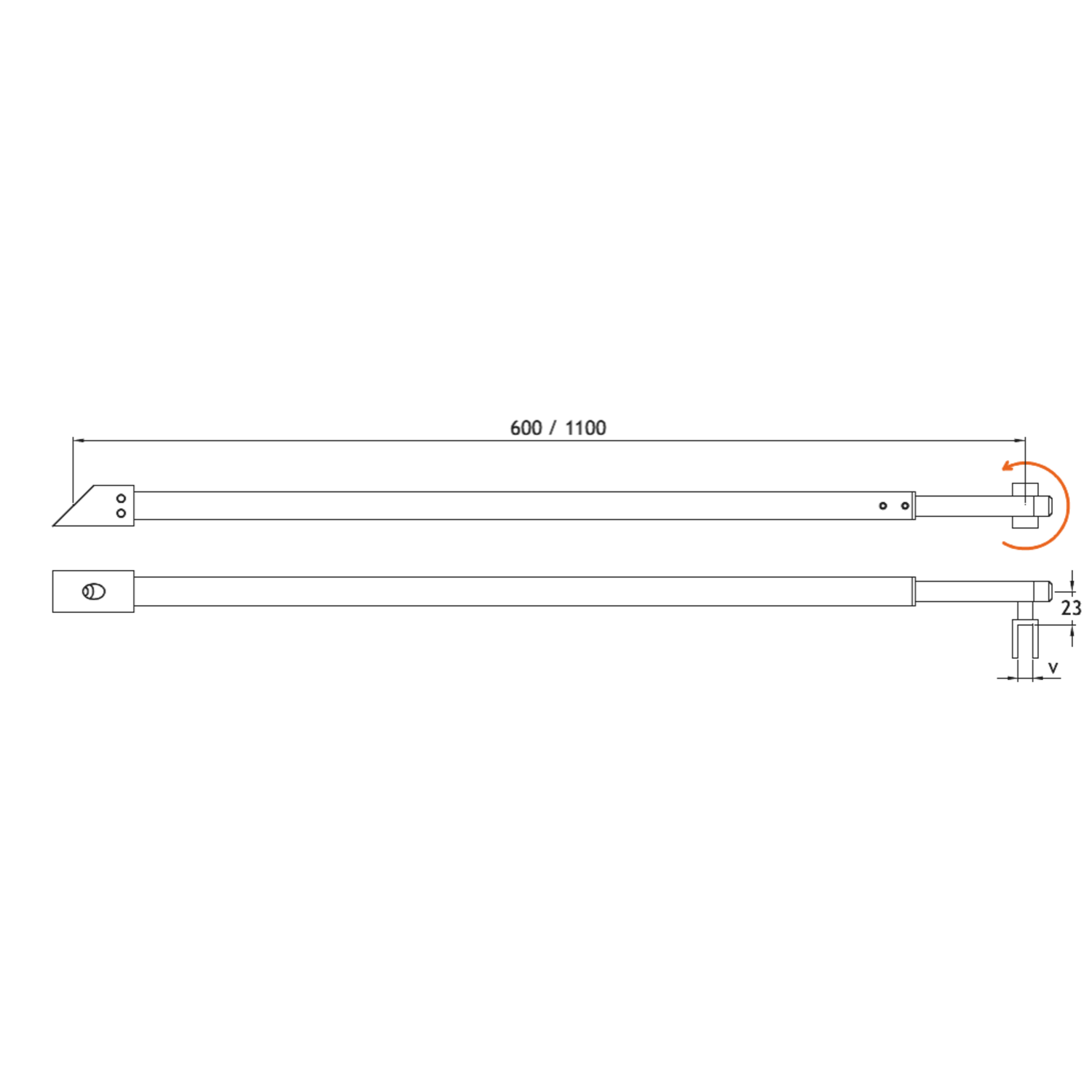 Uitschuifbare stabilisatiestang wand/glas met hoek van 45°, voor 6/8 mm glas, L608/1108, chroom