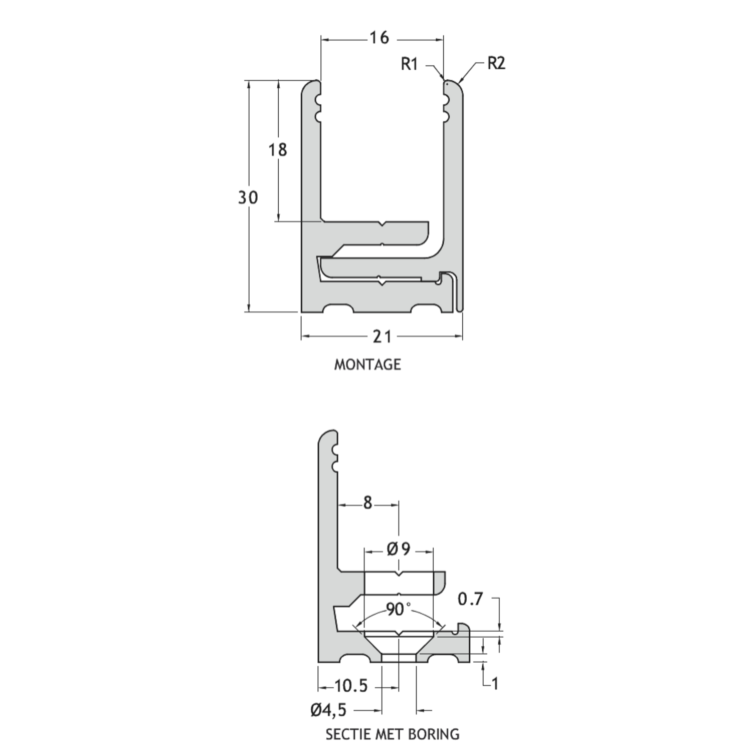 Voorgeboord klikprofiel PROFIX, voor 8/13.5 mm glas, B21 H30 L3000, glanzend aluminium