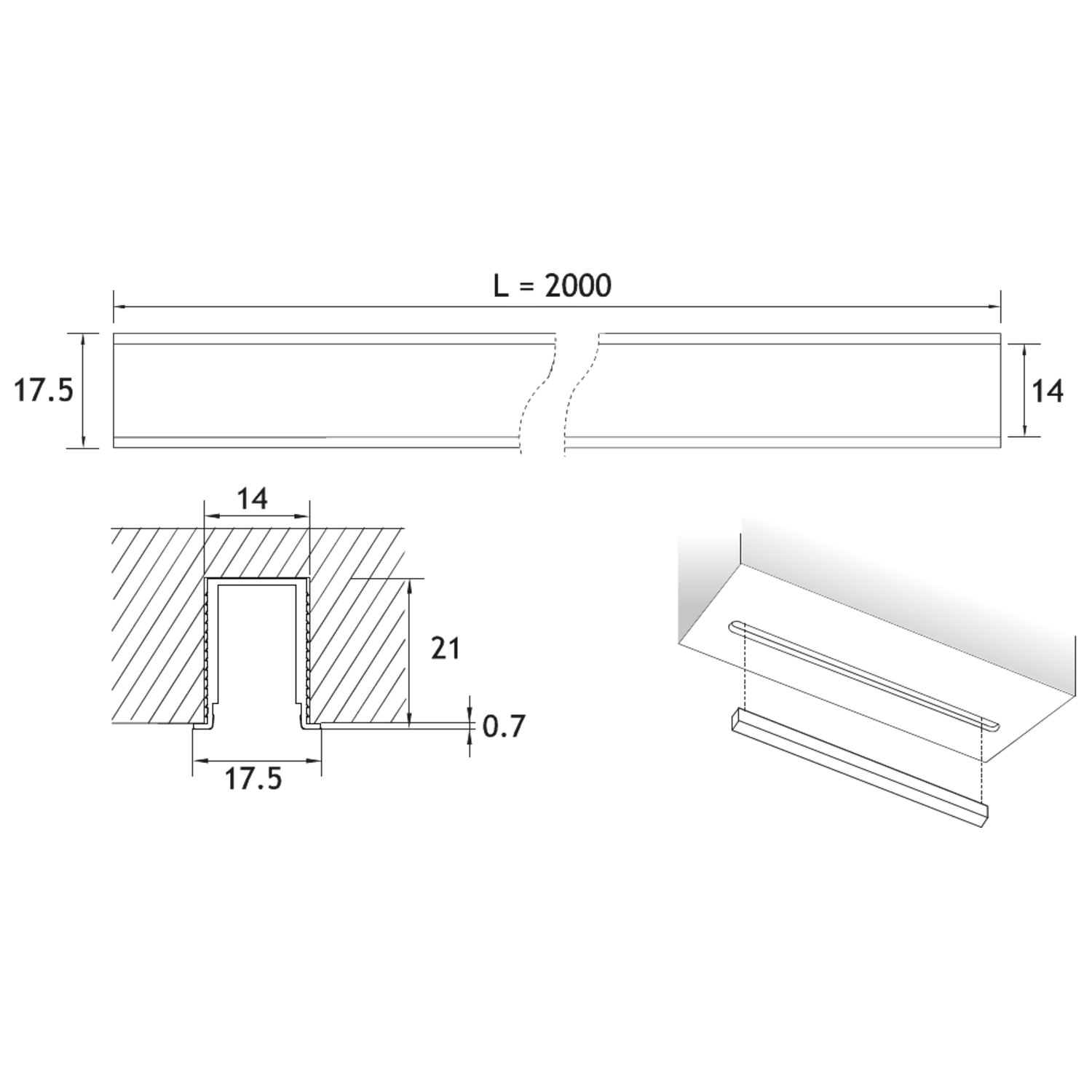 Led profiel Channelline Micro inbouw 2000mm alu met pvc afdekkap