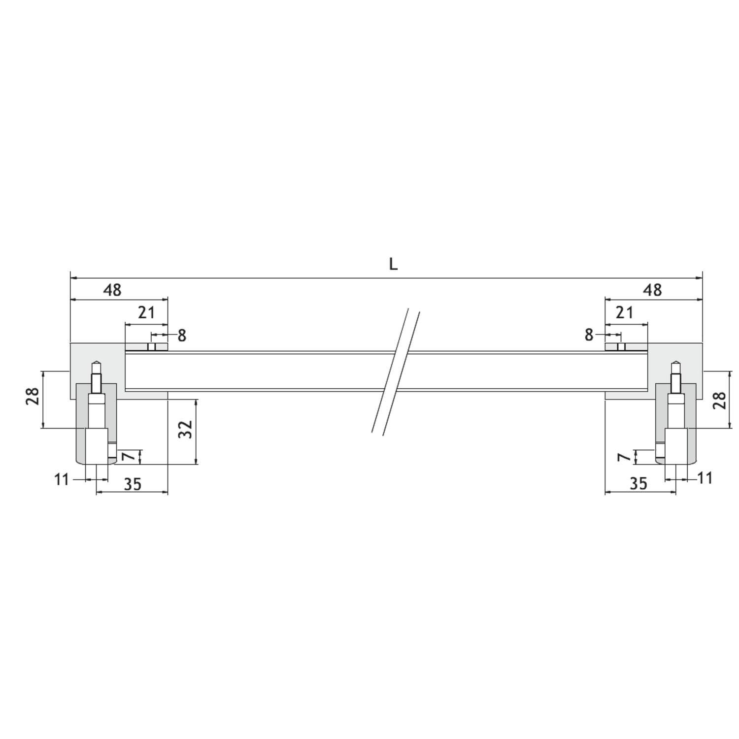 Vaste stabilisatiestang glas/glas, voor 6/10 mm glas, L1350, chroom