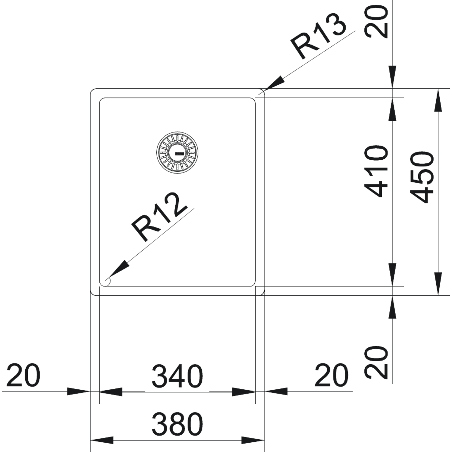Box - Vlakbouw-, SlimTop- en onderbouwspoelbak / 380 x 450 mm / Glad