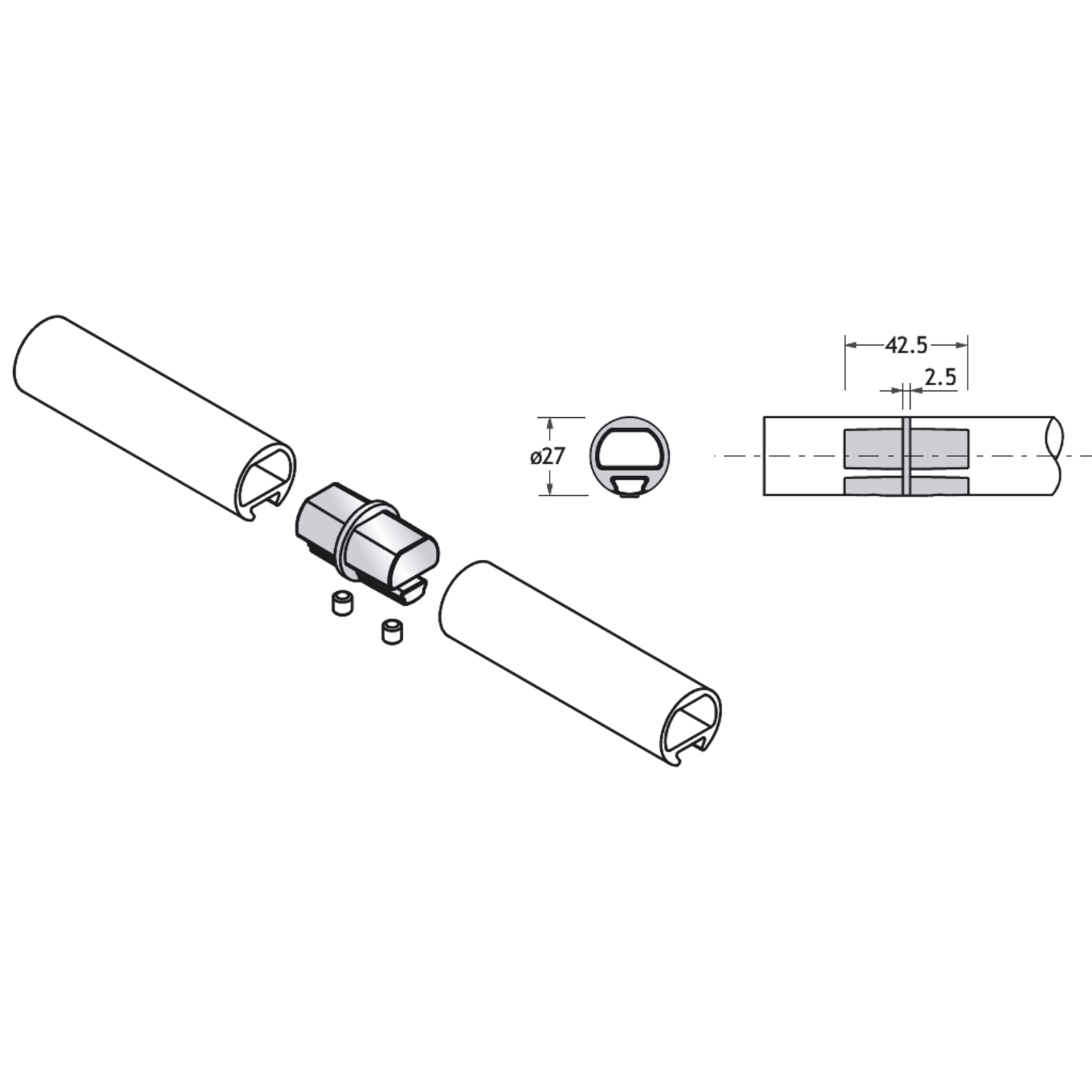 Pba 500-alu rechte verbinding voor buizen 25mm