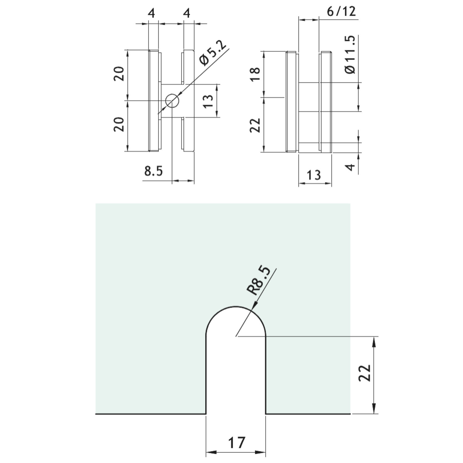 Klem wand/glas gelijk met de wand, voor 6/12 mm glas, B40 H40, chroom