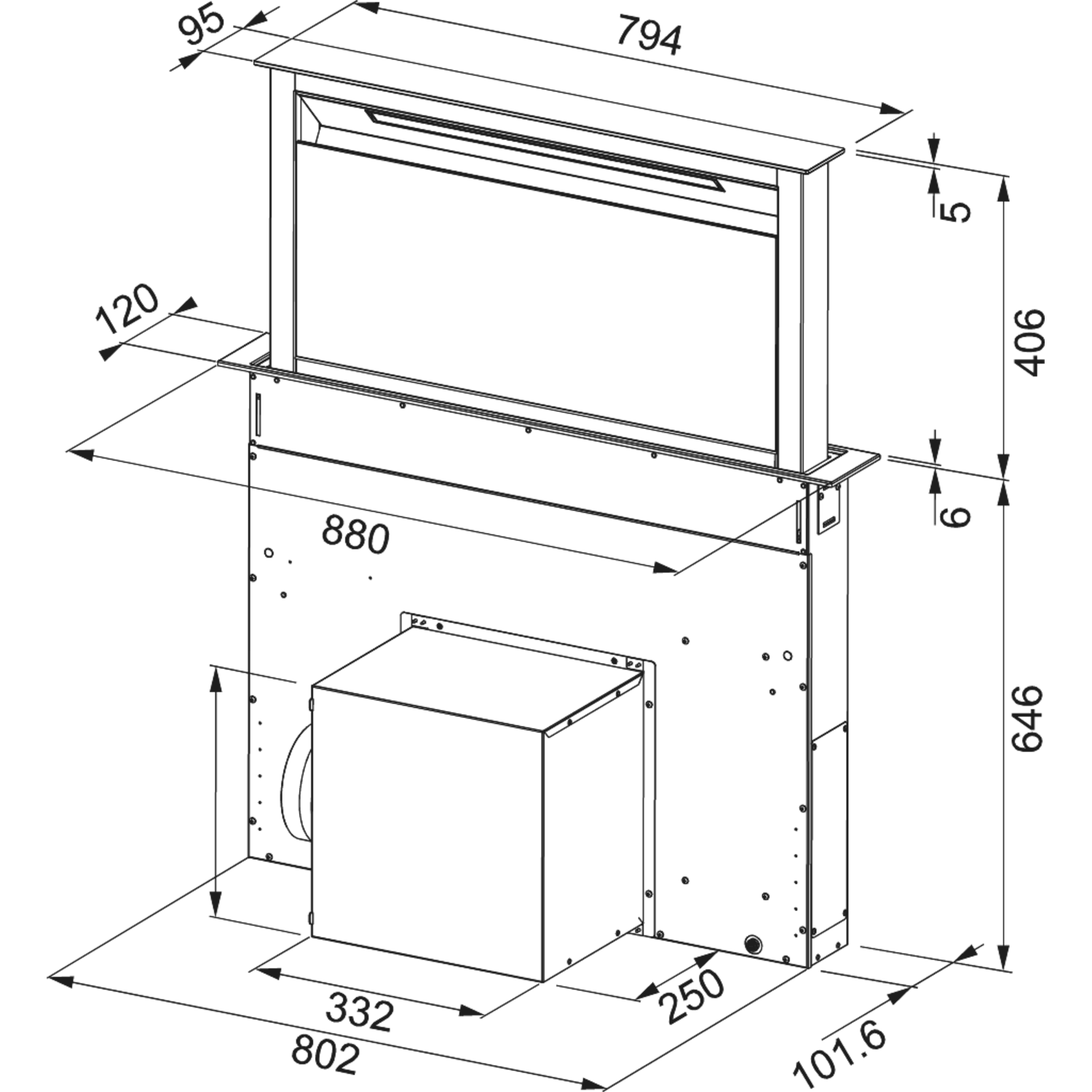 Downdraft - tabletdampkap / 900  mm/ RVS-Zwart glas