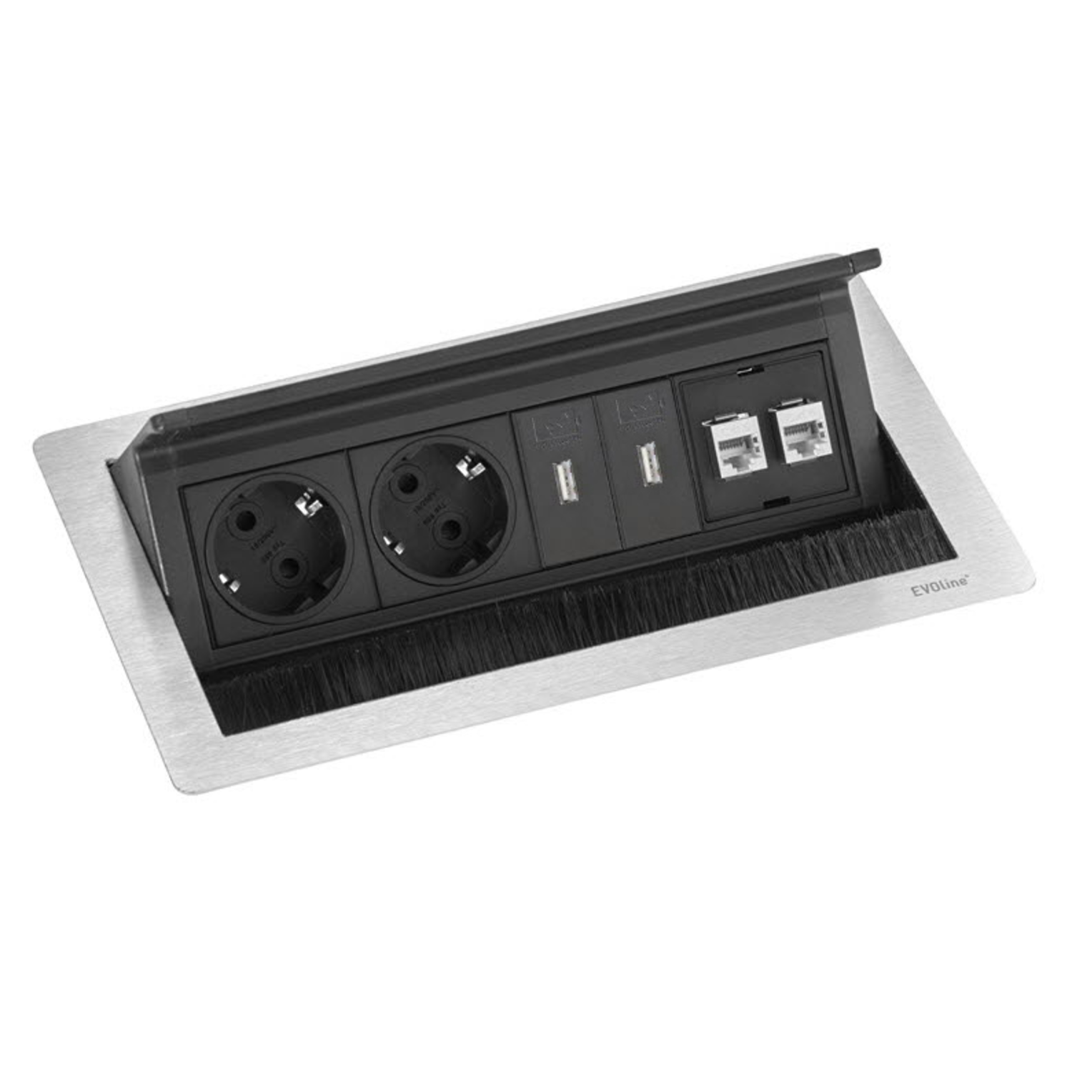 Evoline flip top push data/usb medium rvs b-f 2 stopcontacten + 2 rj45 + 2 usb