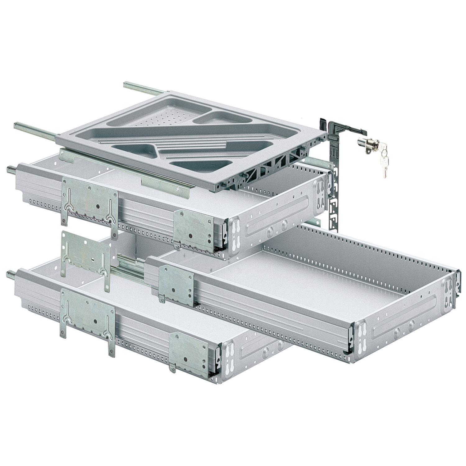 Containerset met volledig uittrekbare ladegeleiders, Inbouwdiepte (min.) 530 mm, Aluminiumkleurig