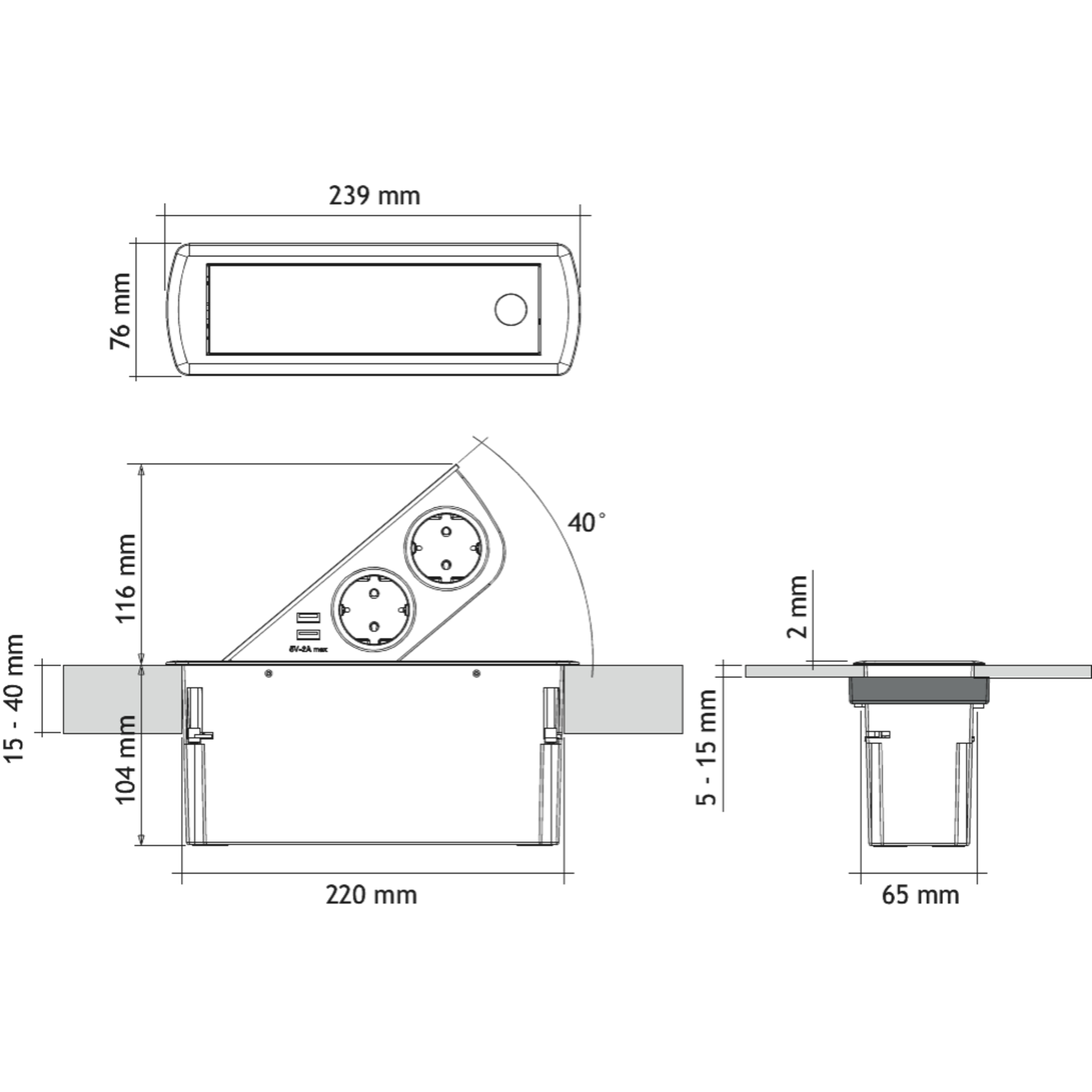 Cizo pop up fr-be 2x16a-2xusb 2a gunmetal