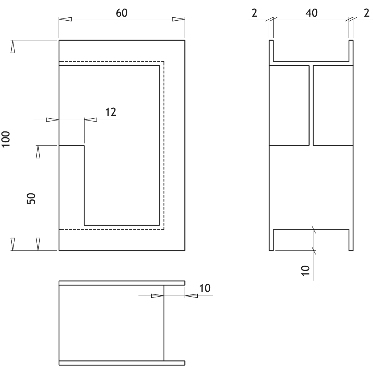 Schuifdeurgreep kube 100x60x40mm rvs - met rand