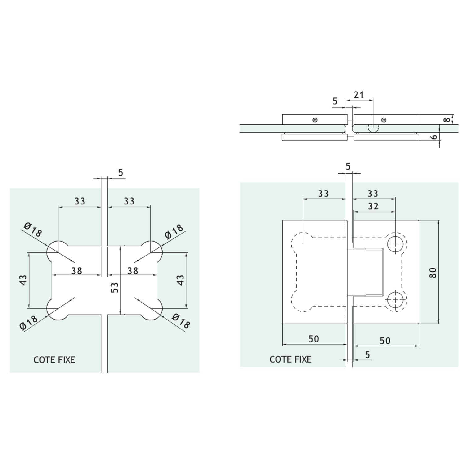 Verstelbare scharnier op één lijn glas/glas zonder zichtbare schroeven, voor 6/8 mm glas, B50 H80, geborsteld rvs effect