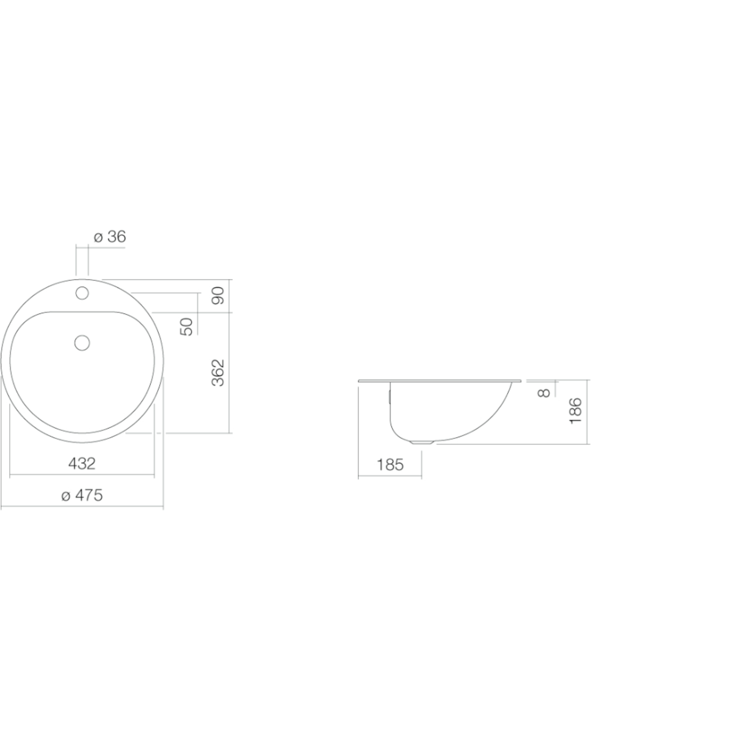 Alape ew.3 wastafel inbouw d.475x177mm witmet kraa met kraangat en overloop