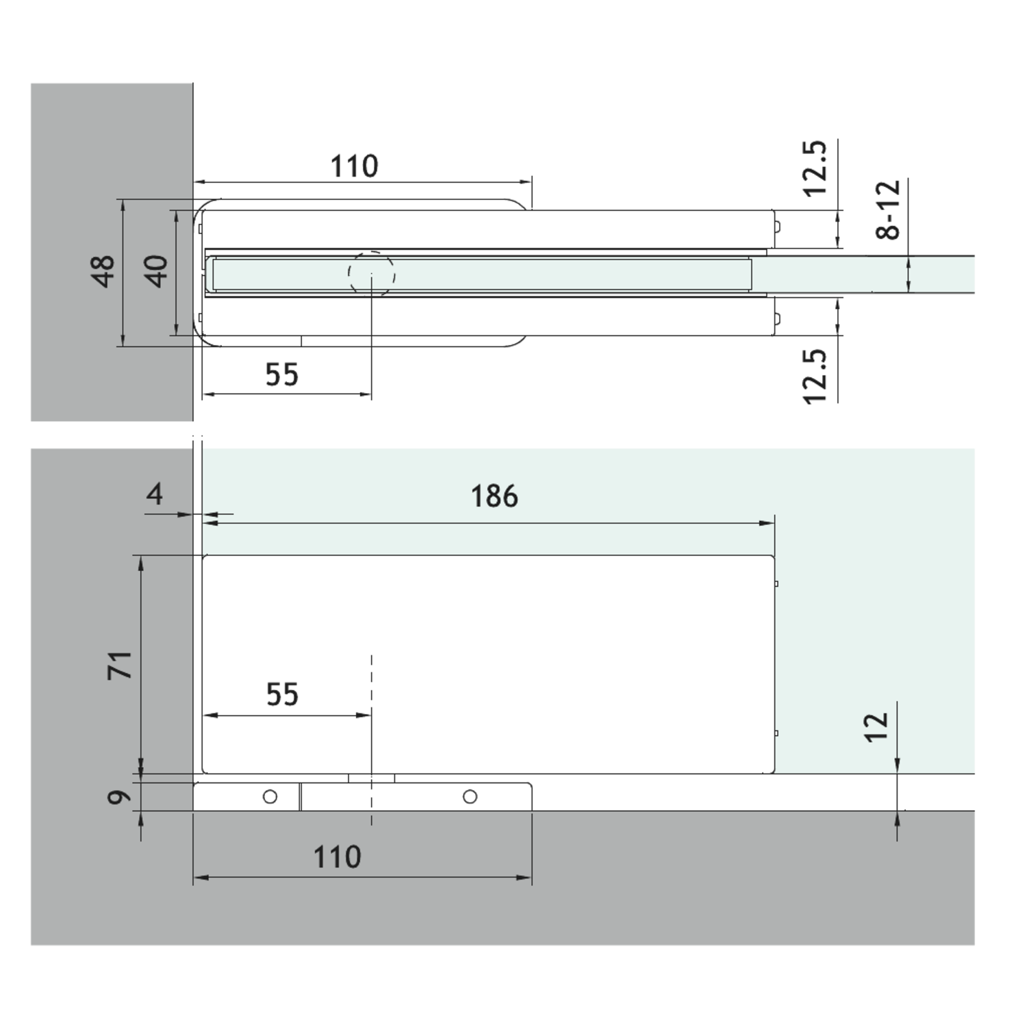 Kit hydraulische pivot, voor 8/12 mm glas, geborsteld rvs