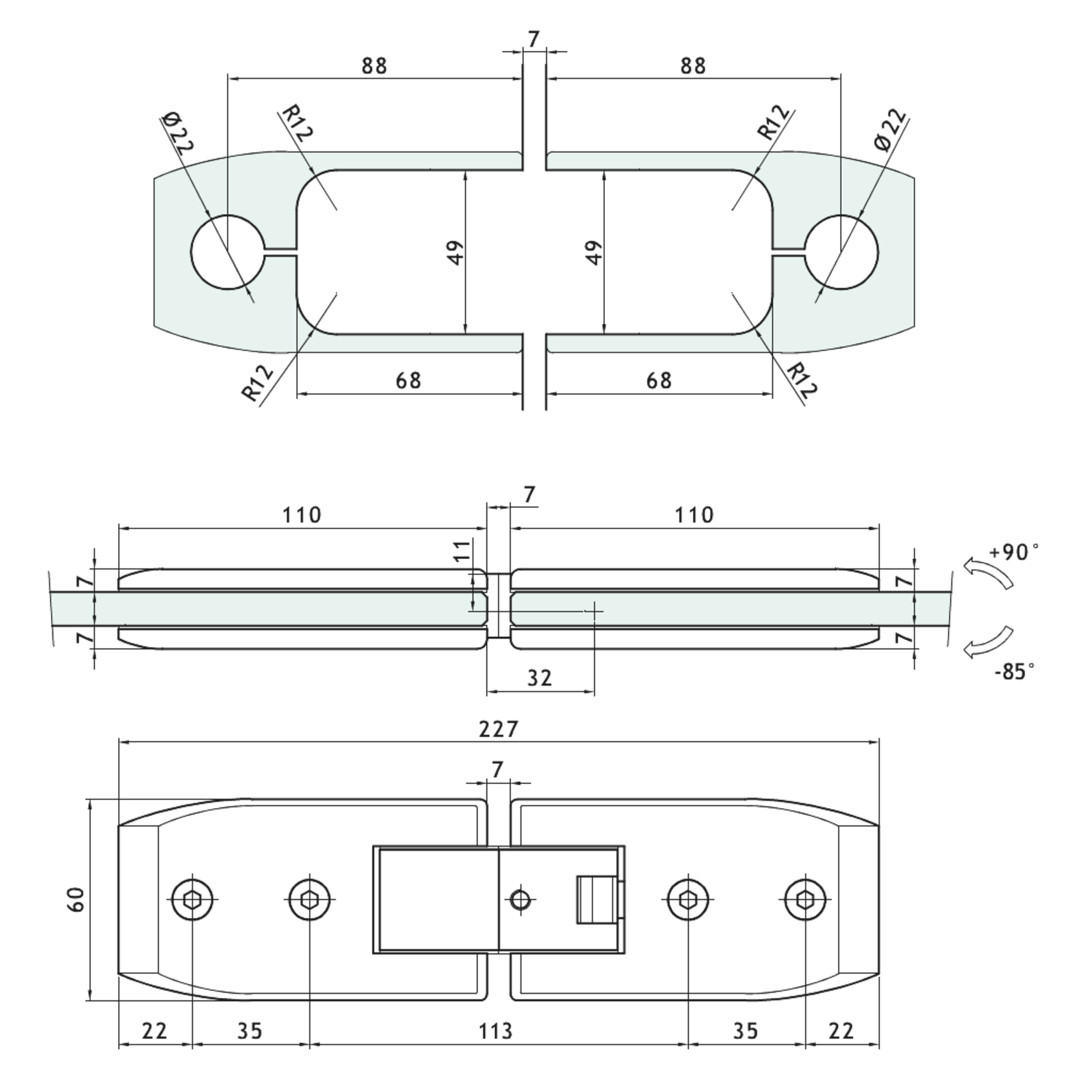 Scharnier serie 600 regelb.glas/glas 8/12mm i-lijn rvs look