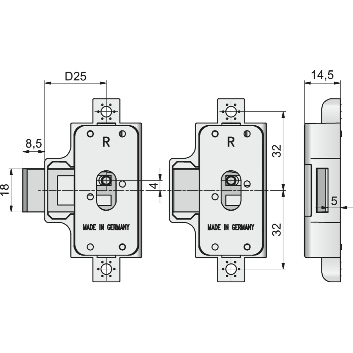 Draaistangslot 700-25mm rechts brons