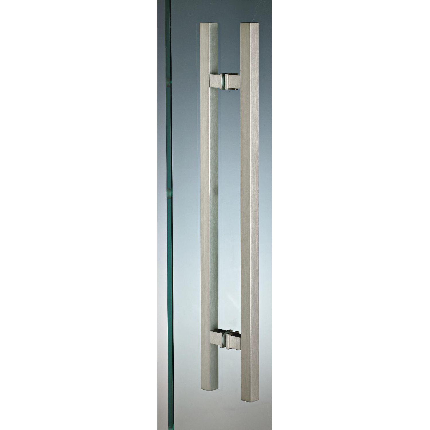 Paar vierkante deurgrepen, voor 6/12 mm glas, B15 H15 L460, aluminium met geborsteld rvs effect