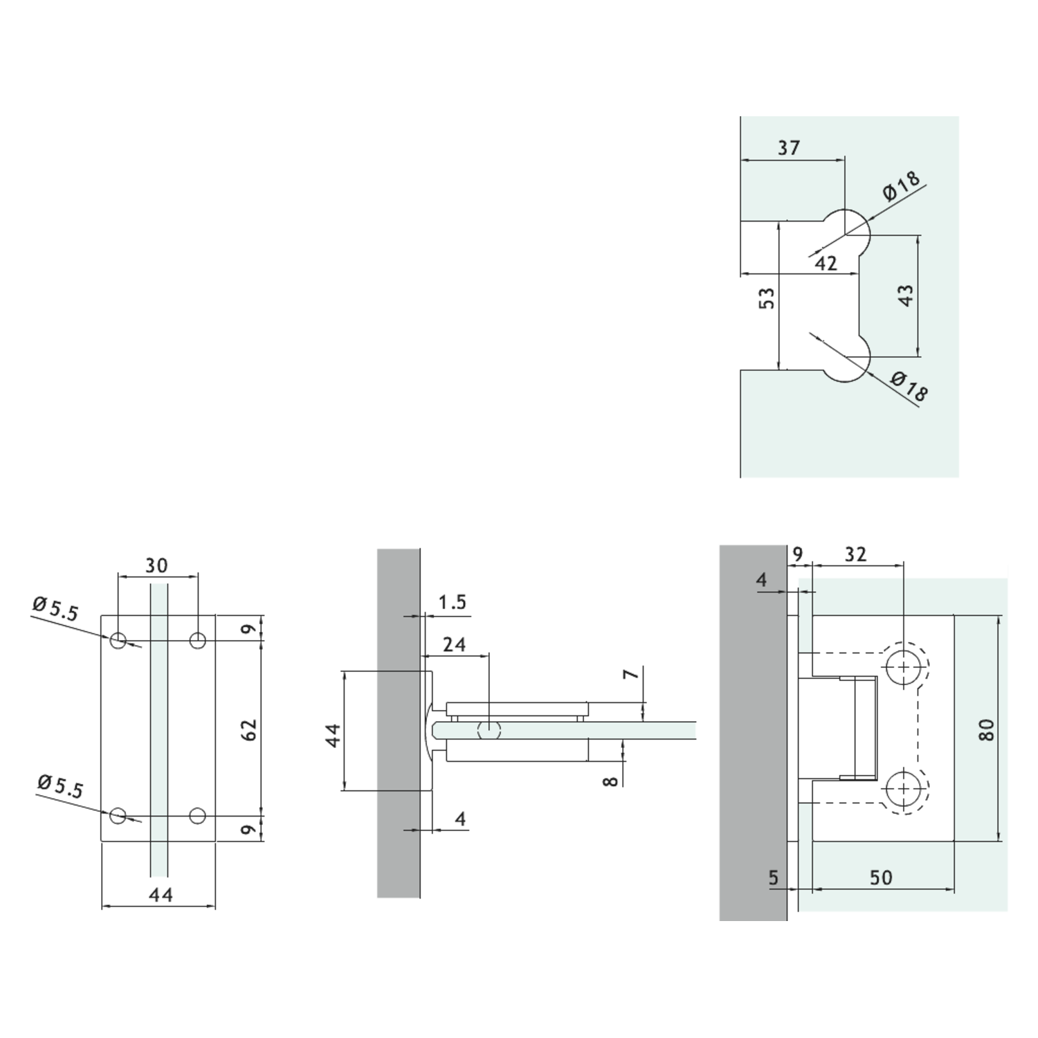 Verstelbare centrale scharnier wand/glas, voor 6/8 mm glas, B50 H80, chroom