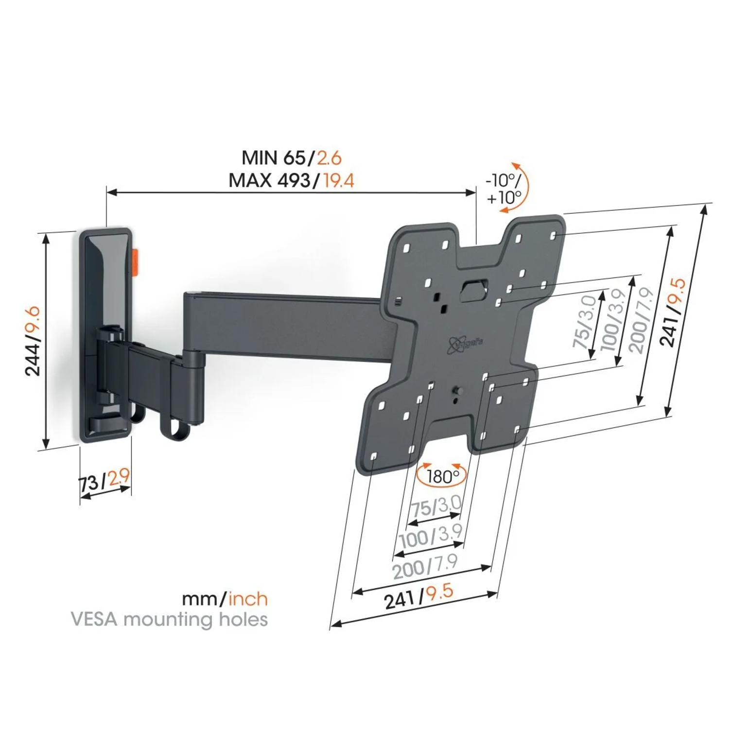 Tvm 3245 draaibare tv-beugel zwart 19-43" 15kg zwart