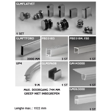 Toebehoren douche met schuifdeur wand/glas met frameprofiel voor vaste glaspanelen, voor 8 mm glas
