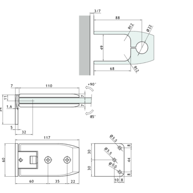 Scharnier serie 600 zijregeling voor glas 8/12mm