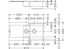Maris - Inbouwspoeltafel / 970 x 500 mm / 1+1/2 bak / Metaal wit / Omkeerbaar