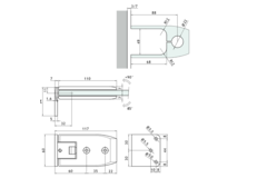 Verstelbare laterale scharnier wand/glas, voor 8/12 mm glas, B110 H60, geborsteld rvs effect