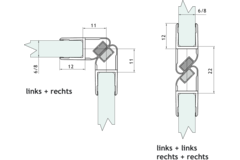 Magnetische dichting links met hoek van 45° met witte magneet, voor 6/8 mm glas, L2200, transparant