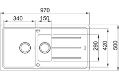 Basis - Inbouwspoeltafel / 970 x 500 mm / 1+1/2 bak / Zwart Mat / Omkeerbaar