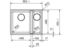 Maris - Onderbouwspoeltafel / 553 x 433 mm / 2 bakken / Grote bak links / Zwart Mat