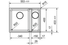 Maris - Vlakbouwspoeltafel / 553 x 433 mm / 2 bakken / Grote bak links / Zwart Mat